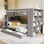 Lit superpos� enfant 90x200 cm avec 2 tiroirs - escalier de rangement - �tag�res ouvertes - barri�re ...