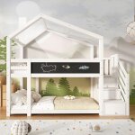 Lit superpos� pour enfants - 90x200 cm - blanc - bois massif - tableau int�gr� - rangement int�gr�