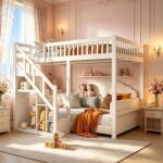Lit superpos� enfant 90x200 cm - lit mezzanine 1 place en bois massif avec escalier de rangement et barri�re ...