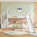 Lit superpos� enfant 90x200 cm - okwish - lit cabane - escalier de rangement toboggan et barri�re - 1 ...