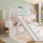 Lit superpos� enfant 90x200 cm - okwish - lit cabane - escalier de rangement toboggan et barri�re - 1 ...