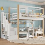 Lit superpos� enfant 90x200 cm avec table r�glable en hauteur escalier rangement biblioth�que int�gr�e ...