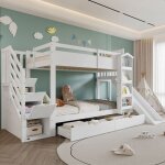 Lit superpos� enfant 90x200 cm avec toboggan et escalier rangement biblioth�que int�gr�e 2 tiroirs coulissants ...