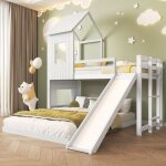 Lit superpos� enfant blanc cabane 90x200 + 140x200 cm - 2 / 3 palces - toboggan & �chelle - 2 sommiers ...
