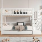 Lit superpos� enfant blanc avec lit gigogne et escalier - rangement avec main courante