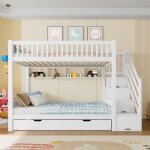 Lit superpos� enfant blanc en pin avec escalier rangement armoire et lit gigogne