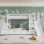 Lit superpos� enfant blanc avec toboggan rangement descalier et tiroirs