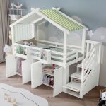 Lit superpos� enfant blanc et vert avec escalier de rangement et armoire