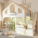 Lit superpos� enfant en bois - 90x200 cm - blanc et naturel - escalier de rangement - led int�gr�e - ...