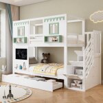 Lit superpos� enfant cabane 90x200 cm avec tableau ardoise escalier rangement 3 marches et 2 tiroirs ...