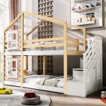 Lit superpos� enfant cabane 90x200 avec rangements natural + white maisentiel