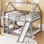 Lit superpos enfant - maison - 140x200 cm - gris - avec toboggan - bois massif