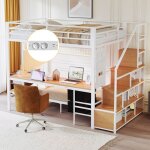 Lit superpos� enfant m�tal 90 / 140�200 cm lit double avec bureau lumi�re led 2 tiroirs tissu �chelle ...