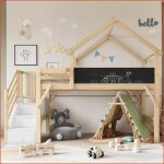 Lit superpos� enfant - protection + tableau graffitis + escalier rangement - design toit - blanc / naturel ...