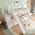 Lit superpos� enfant 90x200 cm avec escalier de rangement et toboggan bois blanc sans matelas
