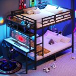 Lit superpos� avec led 140 x 200 cm lit double enfant avec bureau port usb et �tag�res structure en m�tal ...