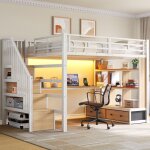 Lit mezzanine en m�tal avec bureau - 140x200 cm - blanc - bureau int�gr� - �tag�res - deux tiroirs