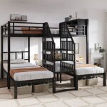 Lit superpos� m�tal noir 90�200&140�200cm3 couchages ergonomiques avec �chelle s�curis�e et rangement ...