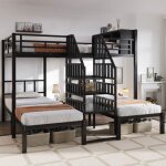 Lit superpos� m�tal noir robuste 90�200 &140�200 cm triple couchage avec �chelle s�curis�e et rangement ...