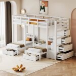 Lit superpos triple 90x200cm - bois massif - blanc - avec tiroirs - chelle de scurit - 3 places