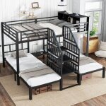 Lit superpos� triple m�tal + bois noir 90 + 140�200cmescalier de s�curit� et rangements int�gr�sadapt� ...