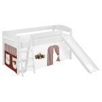Lit sur�lev� ludique / �volutif ida 4105 dinos marron beige - avec rideaux et toboggan - lilokids - blanc ...