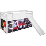 Lit surélevé ludique jelle 90x190 cm pompiers - lilokids - blanc laqué - avec toboggan et rideaux Lit surélevé ludique jelle 90x190 cm pompiers - lilokids - blanc laqué - avec toboggan et rideaux