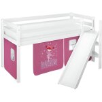 Lit sur�lev� ludique jelle 90x200 cm princesse - lilokids - blanc laqu� - avec toboggan inclin� et rideaux ...