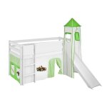 Lit sur�lev� ludique jelle dinos vert beige - avec rideaux tour et toboggan - lilokids - blanc laqu�