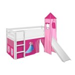 Lit sur�lev� ludique jelle frozen rose - avec rideaux tour et toboggan - lilokids - blanc laqu�