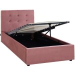 Lit coffre adulte 90x190 cm avec tte de lit matelasse en velours rose et sommier - tina