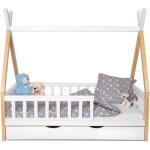 Lit tipi en bois pour enfant - haute qualité - blanc et pin - avec barriere sommier et tiroir Lit tipi en bois pour enfant - haute qualité - blanc et pin - avec barriere sommier et tiroir