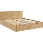 Lit à tiroirs - baïta - gamme amana - effet chêne et cannage rotin - 140 x 190 sommier inclus Lit à tiroirs - baïta - gamme amana - effet chêne et cannage rotin - 140 x 190 sommier inclus