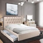Lit avec tiroirs - lequaidesaffaires - chelsea - bois massif - beige - 140x190 cm Lit avec tiroirs - lequaidesaffaires - chelsea - bois massif - beige - 140x190 cm