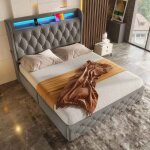 Lit tissu 140x190 gris avec led rgb t�te de lit recharge usb et 4 grands tiroirs - cadre m�tal velours ...