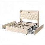 Lit tissu 140x190 avec led rgb t�te de lit avec prise usb / type - c et 4 grands tiroirs de rangement ...