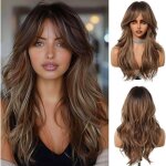 Longue perruque mixte brune avec franges perruques ondul�es naturelles cheveux synth�tique naturels pour ...