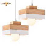 Lonshine 2pcs suspension moderne carr� abat - jour en bois et m�tal blanc e27 luminaire lustre chambre ...