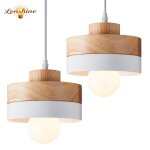 Lonshine 2pcs suspension moderne rond lustre abat - jour en bois et m�tal blanc e27 luminaire �clairage ...