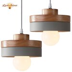 Lonshine 2pcs suspension moderne rond lustre abat - jour en bois et m�tal gris e27 luminaire �clairage ...