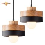 Lonshine 2pcs suspension moderne rond lustre abat - jour en bois et m�tal noir e27 luminaire �clairage ...
