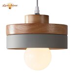 Lonshine suspension moderne rond lustre abat - jour en bois et m�tal gris e27 luminaire �clairage de ...