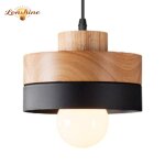 Lonshine suspension moderne rond lustre abat - jour en bois et m�tal noir e27 luminaire �clairage de ...