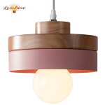Lonshine suspension moderne rond lustre abat - jour en bois et m�tal rose e27 luminaire �clairage de ...