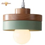 Lonshine suspension moderne rond lustre abat - jour en bois et m�tal vert e27 luminaire �clairage de ...