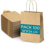 Lot 100 sacs en papier kraft marron avec anses 18x8x24cm - sac pour shopping cadeaux mariages