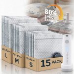 Lot de 15 sacs de rangement sous vide pour voyage ? sacs de compression r�utilisables avec pompe rechargeable ...