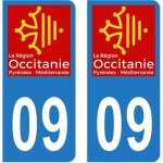Lot 2 autocollants stickers plaque immatriculation voiture auto dpartement 09 arige logo rgion occitanie ...