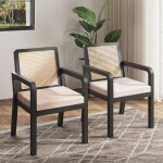 Lot de 2 chaises de salle � manger 56x57x83 cm ergonomique dossier en rotin coussin velours et bois noir ...