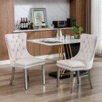 Lot de 2 chaises de salle � manger capitonn�es velours beige structure bois dossier haut rivets d�coratifs ...